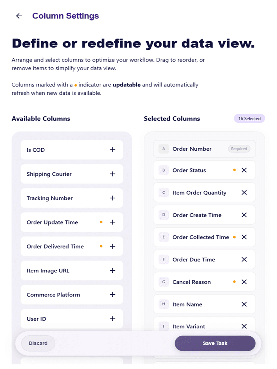 Spyliner column settings showing available and selected marketplace order fields