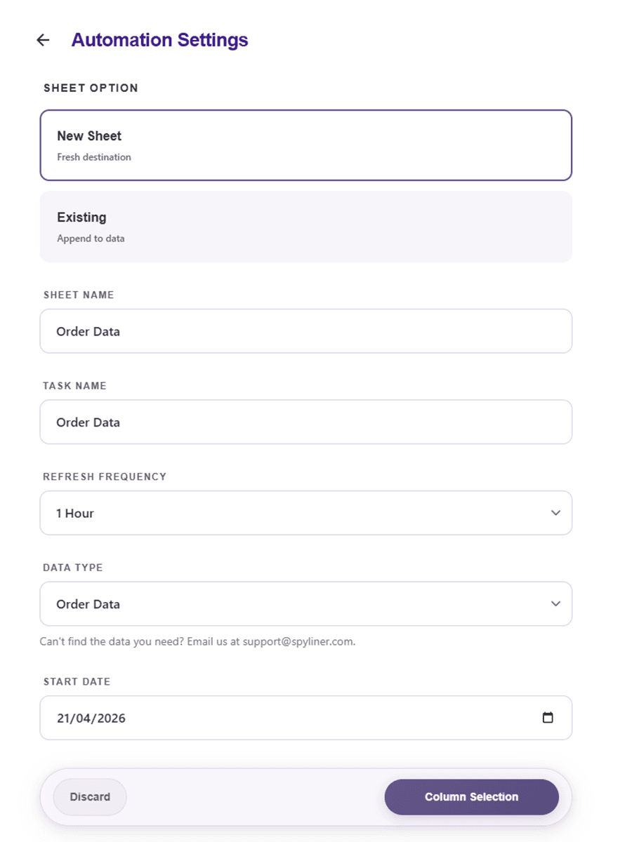 Spyliner automation settings for destination sheet, task name, refresh frequency, data type, and start date