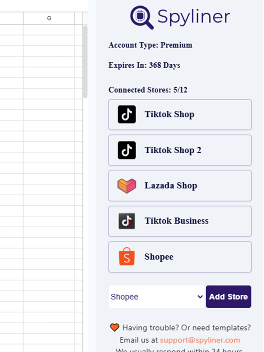 Spyliner sidebar in Google Sheets showing connected TikTok Shop, Lazada, and Shopee stores